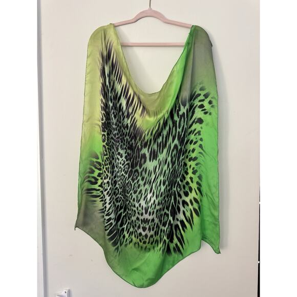 Roberto Cavalli Silk Scarf 35x35 Green Leopard Animal Print - Picture 4 of 5